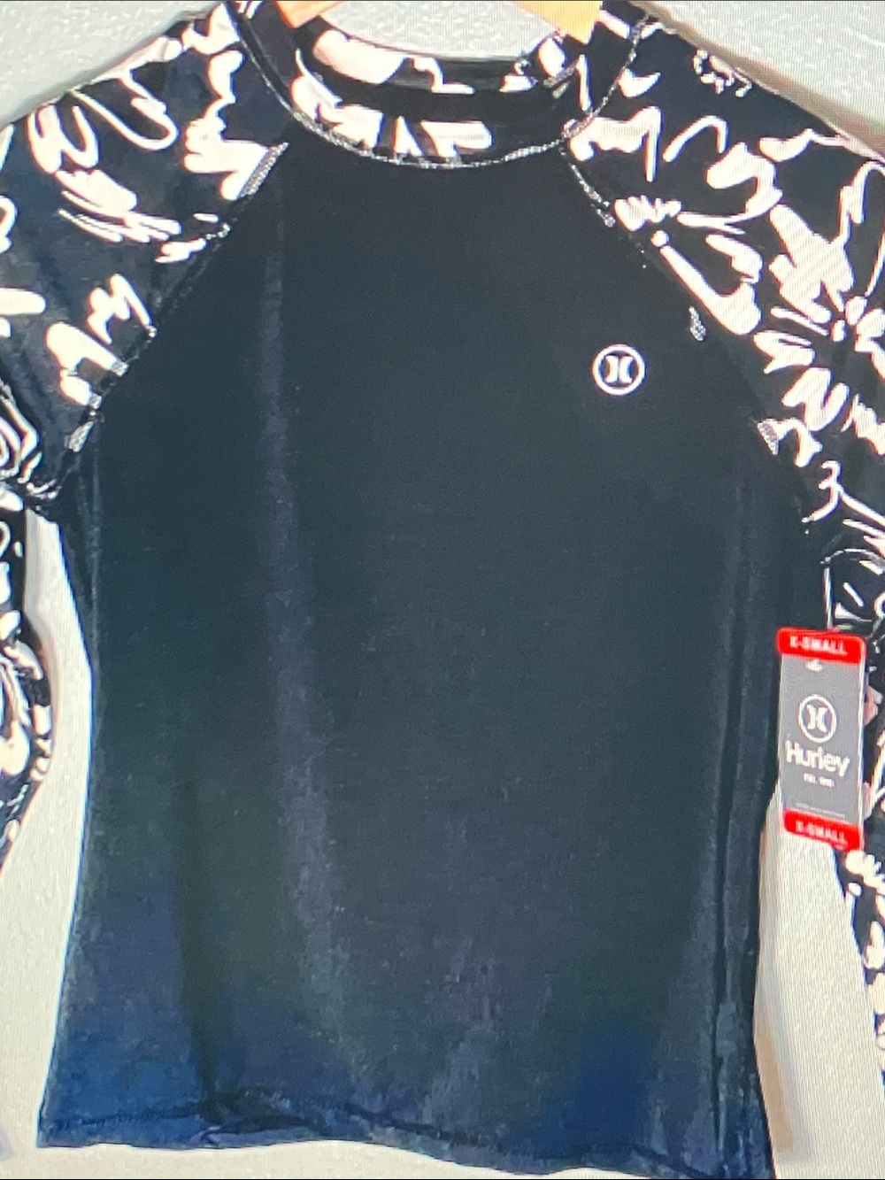Hurley Black Raglan Long Sleeve Top with White Floral Sleeves